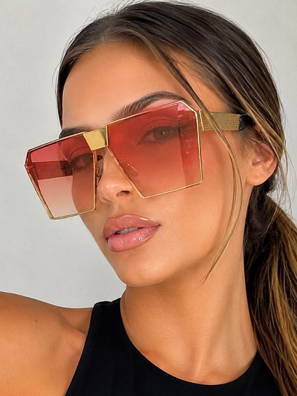 Oversized Shield Sunglasses Pink Gradient Lens Gold Frame Luxury Style